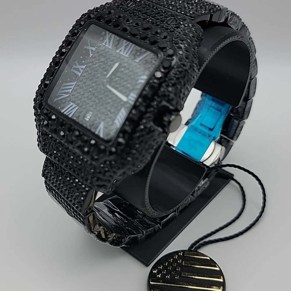 Blacked Out Square Mens Watch Pavé Crystals 41mm Roman Numerals Date Illuminated